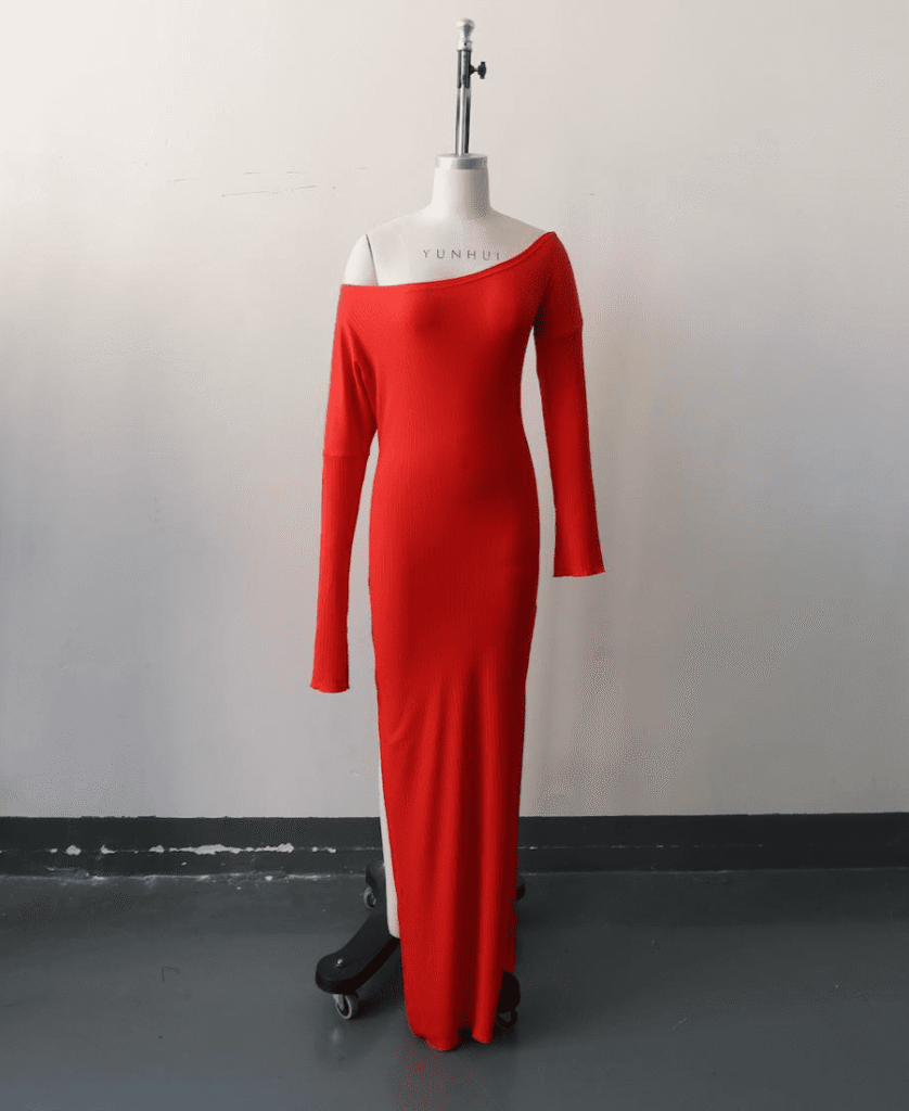Off Shoulder Ribbed Long Sleeve Split Maxi Dress
