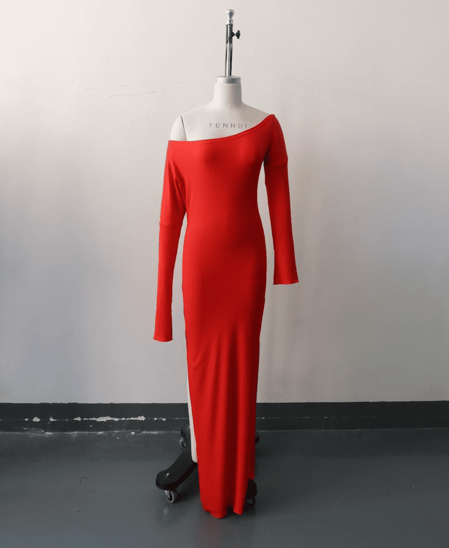 Off Shoulder Ribbed Long Sleeve Split Maxi Dress