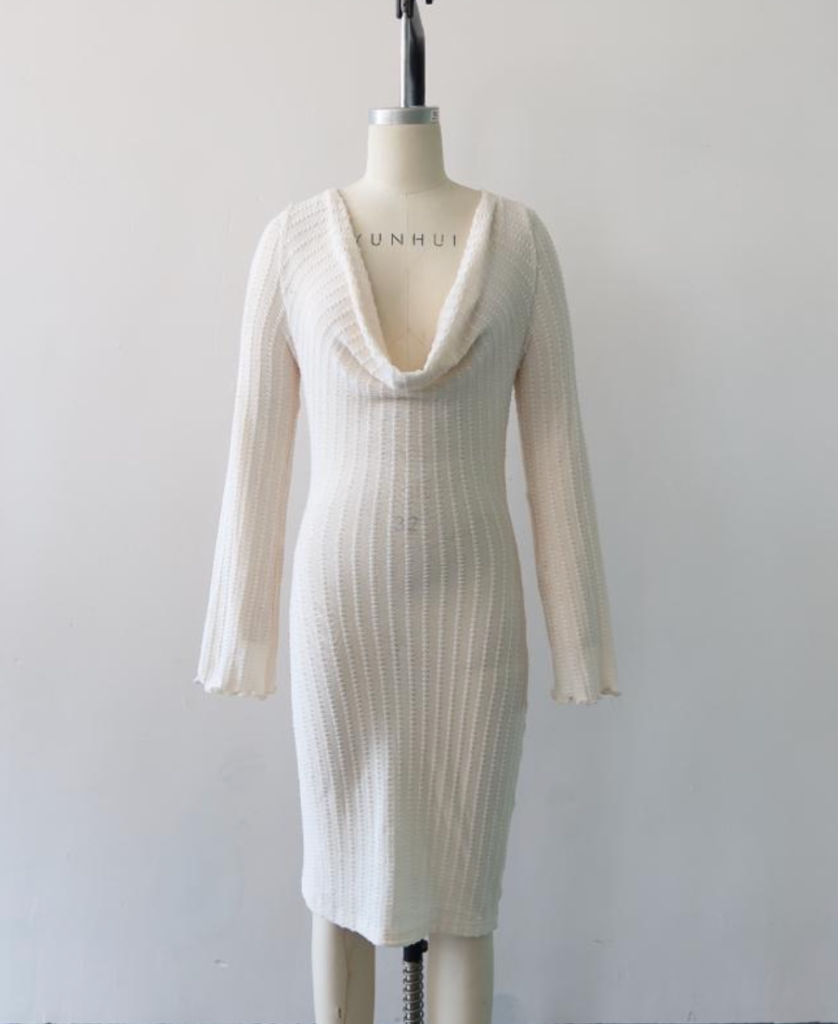 White Textured Knit Cowl Neck Long Sleeve Slim Midi Dress