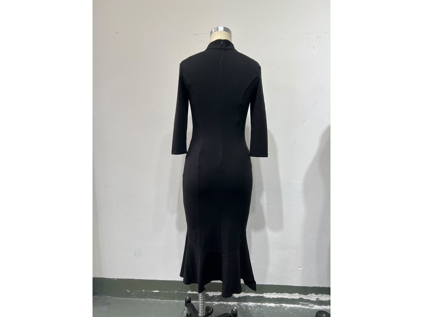 Black Mandarin Collar Keyhole Midi Dress