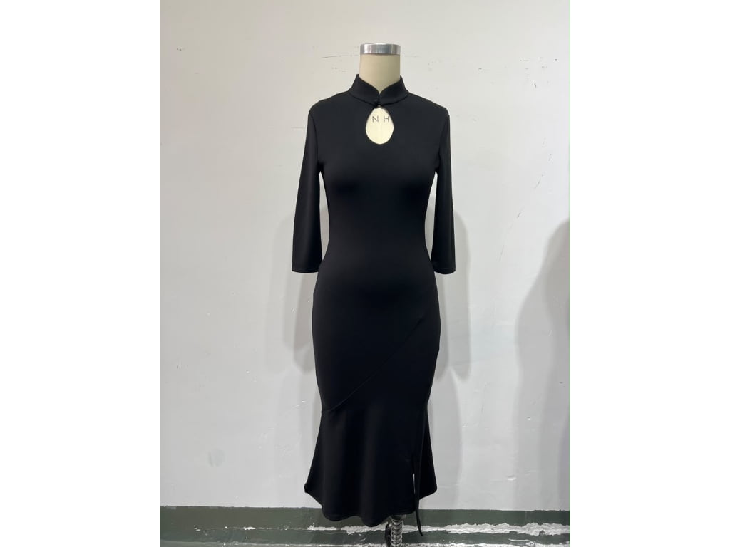 Black Mandarin Collar Keyhole Midi Dress