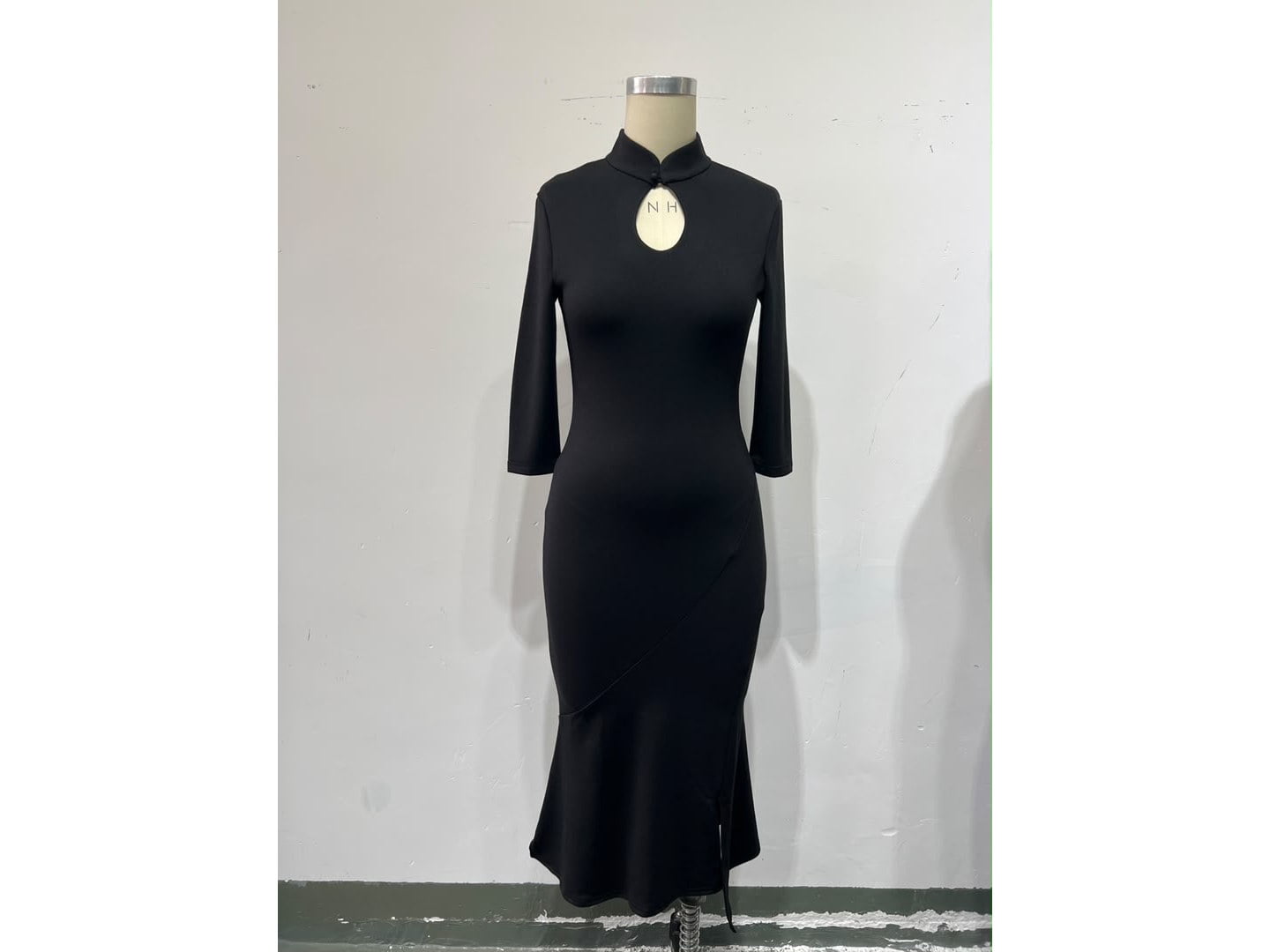 Black Mandarin Collar Keyhole Midi Dress
